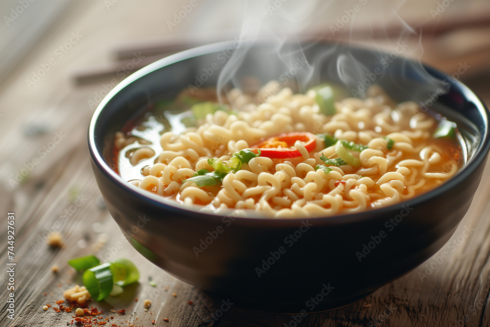 Delicious steamy bowl of noodles close-up Delicious steamy bowl of noodles close-up
