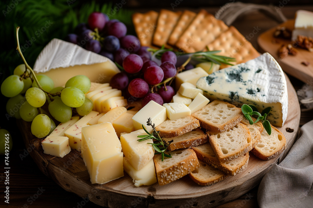 Cheese plate with grapes and crackers, close-up