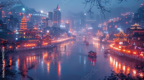 Night city architecture landscape and colorful lights in Chongqing photo
