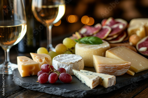 Cheese plate with grapes, charcuterie and wine, close-up