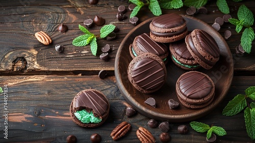 Irish classic chocolate and mint calories for St Patrick's Day, set over a wooden setting and space, Generative AI.
