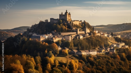 The New Castle in Banska Stiavnica at sunrise in an autumn season photo