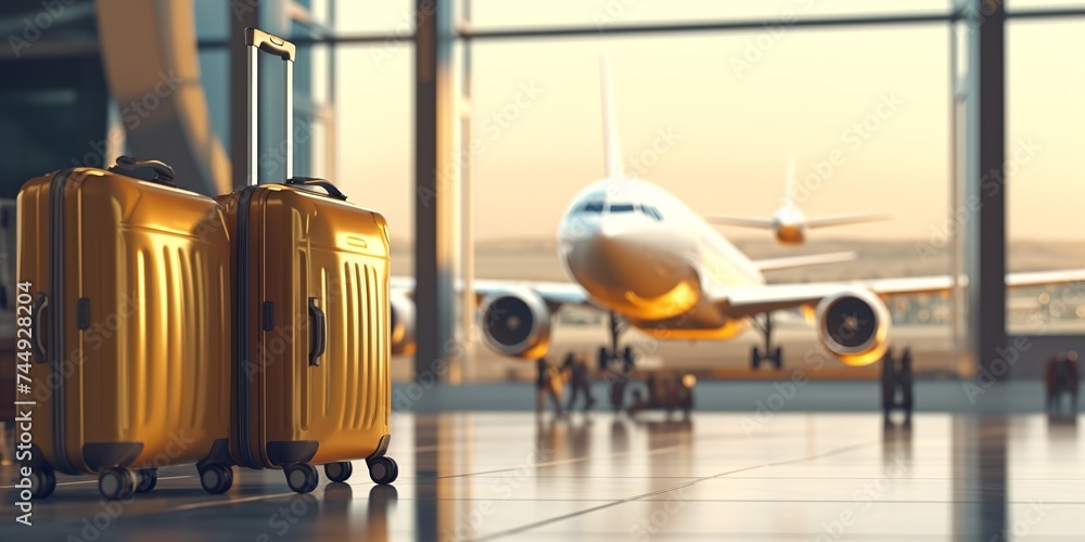 travel concept, yellow suitcase in an airport, vibrant lighting, rolling luggage at the terminal plane station, vacation and transport concepts, airplane or plane at the background - obrazy, fototapety, plakaty 