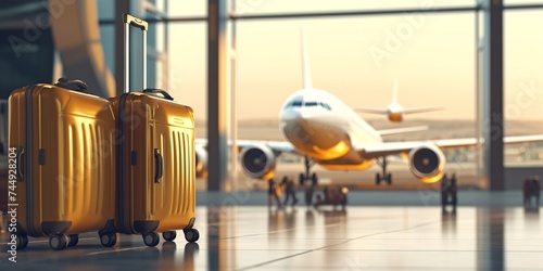 travel concept, yellow suitcase in an airport, vibrant lighting, rolling luggage at the terminal plane station, vacation and transport concepts, airplane or plane at the background