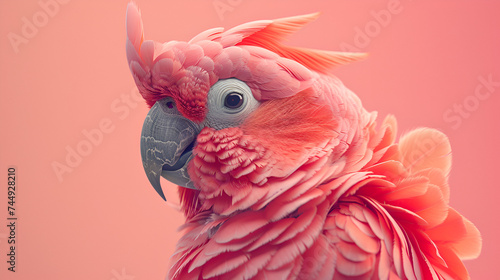 A close-up of a stunning pink cockatoo with its crest raised, posing against a soft pastel pink background. generative ai © Malaika