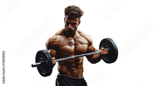 A muscular man in a tank top and shorts, lifting a barbell at a gym, isolated on transparent background, png format