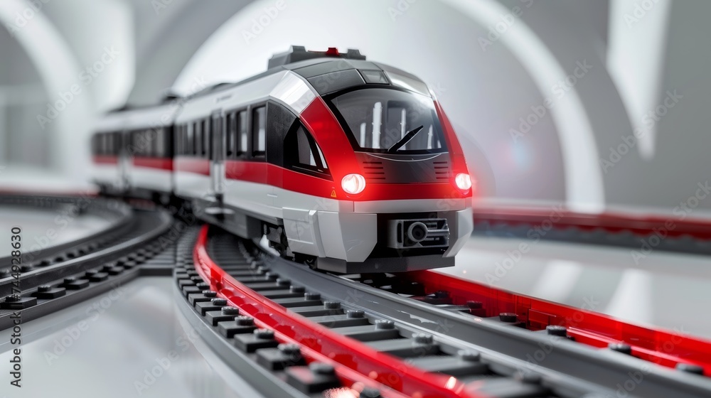 Fototapeta premium A 3D rendering of a high-speed passenger train exiting a tunnel.
