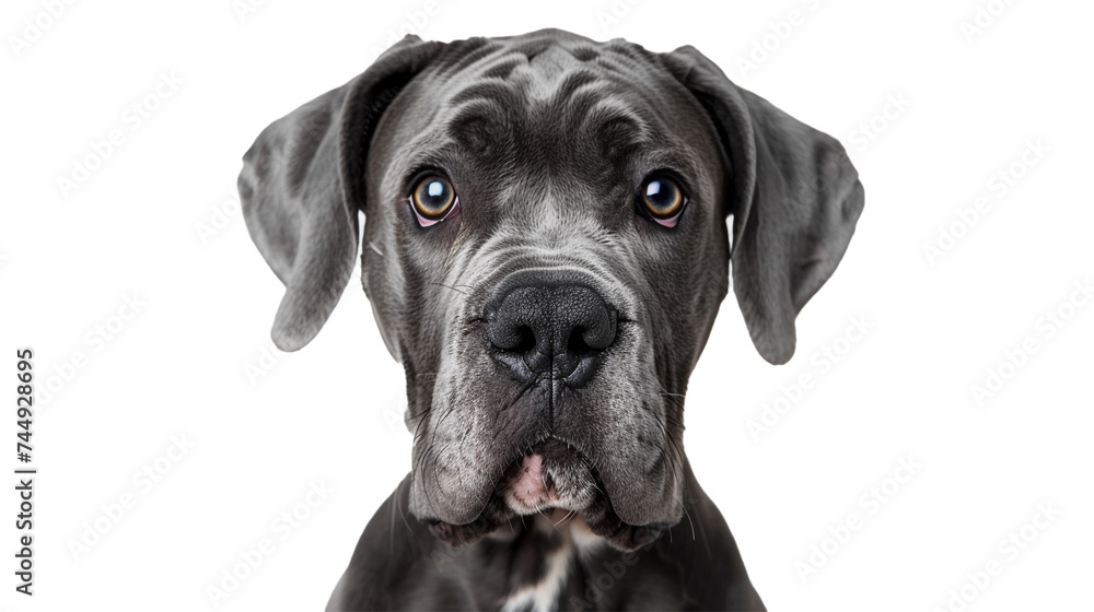 A closeup of a gray and white dog with a wrinkled face and a sad look, isolated on transparent background, png file.