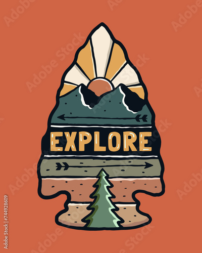 Vintage illustration of explore letter on the middle arrowhead shape and nature view illustration on it