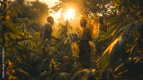 Workers gather ripe cannabis buds during the harvest season photo