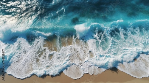 Aerial view of a beautiful sandy beach with blue ocean waves.