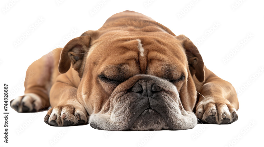 A closeup of a bulldog with a droopy face and a snoring sound, isolated on transparent background, png file.