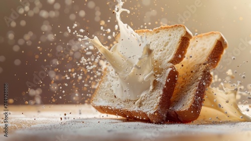 A slice of bread splash with milk cream.