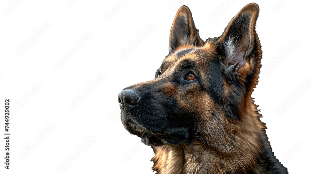 A closeup of a german shepherd with alert ears and a loyal look, isolated on transparent background, png file.