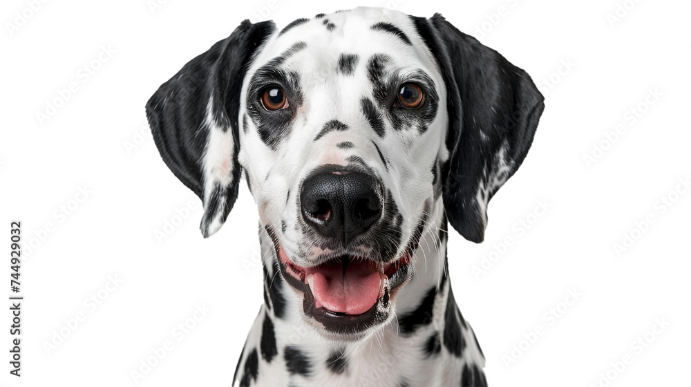 A closeup of a dalmatian with a spotted coat and a friendly face, isolated on transparent background, png file.