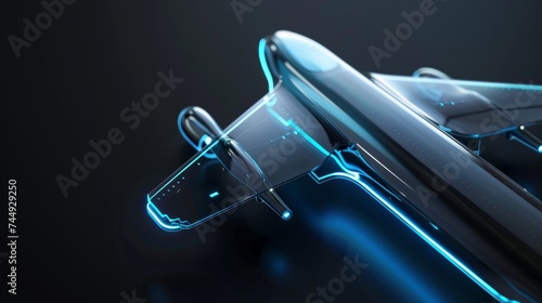 3D Rendering of a Futuristic Airplane with Blue Neon Lights on a Black Background