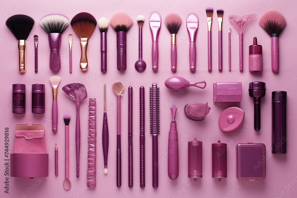 Purple dreams: a collection of vibrant makeup brushes and tools creatively arranged in a flat lay top view design concept Purple dreams: a collection of vibrant makeup brushes and tools creatively arranged in a flat lay top view design concept