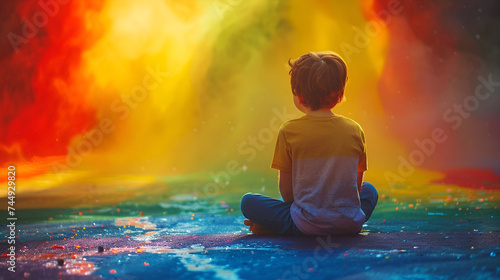 A child in rainbow coloured imaginary world. Child mental health concept. ASD  autism spectrum disorder awareness concept. Asperger s syndrome  early intervention. generative ai
