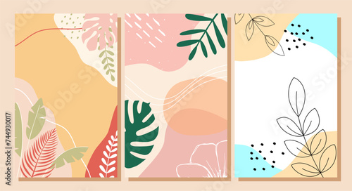 Botanical wall art vector set. Hand draw template leaves and line art background for paper, Foliage line art drawing with abstract shape. Abstract Plant Art design for print, cover, wallpaper