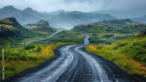Winding road through volcanic landscape, near Lake Kleifarvatn on a foggy,