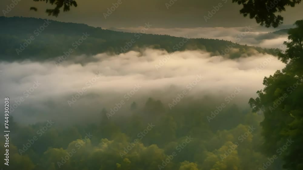 Misty forest taken from a high angle. Pine forest in the morning Misty forest taken from a high angle. Pine forest in the morning