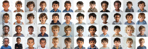 composite portrait of little boys of different cultures headshots on white background, including all ethnic, racial, and geographic types of male children in the world outside a city street photo