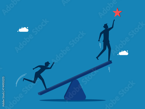 Support success. Businessman helps push a seesaw to a colleague to grab a star