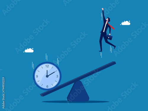 Clock falling on a seesaw to help businesswoman jump high
