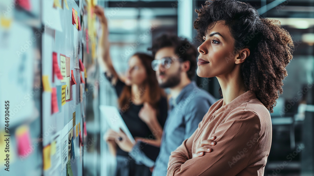 Professionals using post-it notes for strategic planning and organization in a modern office. Professionals using post-it notes for strategic planning and organization in a modern office.