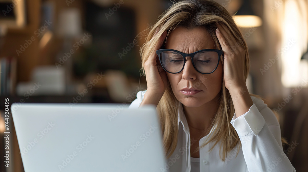 A stressed businesswoman feels a headache while working at her desk, overwhelmed by work demands. A stressed businesswoman feels a headache while working at her desk, overwhelmed by work demands.