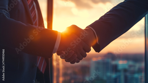 Two professionals seal a deal with a handshake in an office with the backdrop of a sunset skyline.