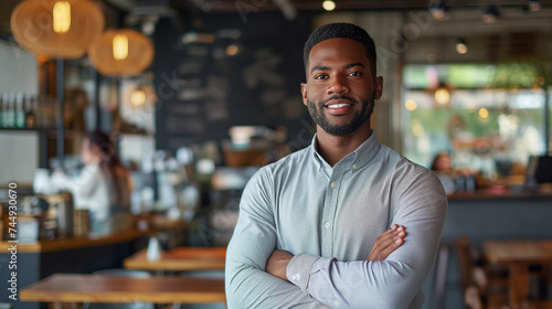 Cheerful African American male cafe owner with arms crossed, standing in his cozy coffee shop. © apichat