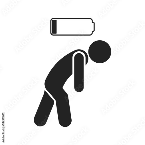Isolated pictogram of man walking tired, fatigue, sad worker, low energy with battery icon