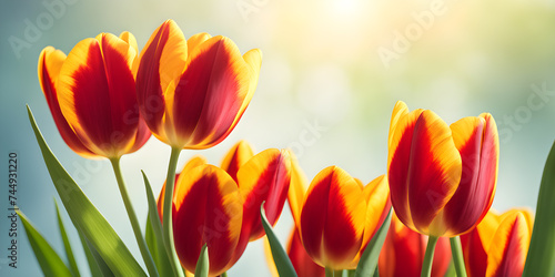 Blooming tulips  spring sun shining  panoramic