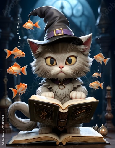 In a shadowy alcove, a grey kitten wearing a wizard's hat focuses intently on a levitating fish above an open grimoire. This scene blends the mysterious elements of arcane magic with the innate