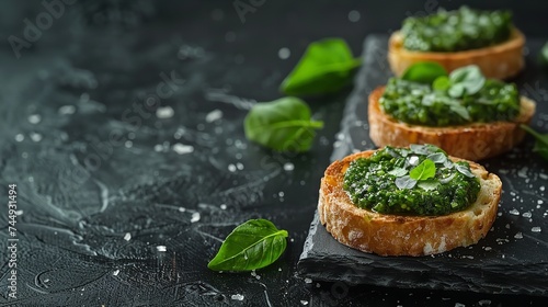 Tasty bruschetta's with pesto on black background with top view and a big space for text or product, Generative AI.