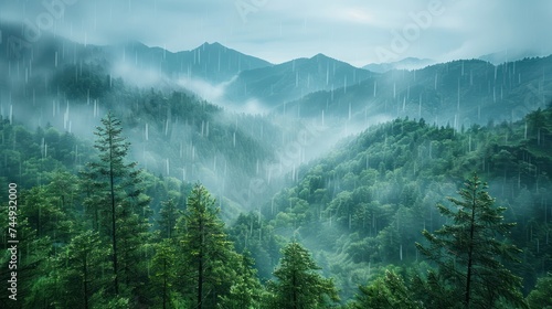 Amazing panoramic landscape mountain forests covering with a lot of fog after rain. generate AI © muza