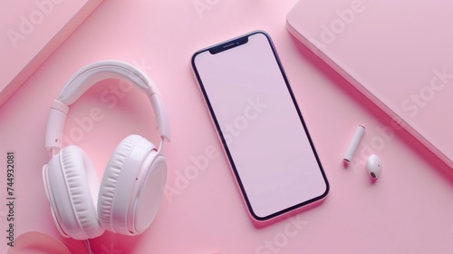 A headphone and smartphone on a colorful background.