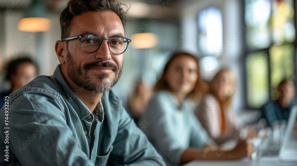 Teamwork meeting, Portrait of man smiling in meeting, business meeting