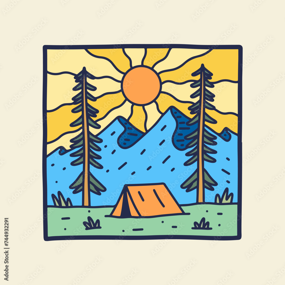 camping under mountains in bright sun vector design for badge, sticker, patch, t shirt design, etc