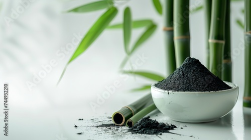 Top view bamboo charcoal decorated with fresh green bamboos in a clean white bamboos with a space for text or product, Generative AI. photo
