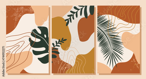 Abstract botanical vector background with tropical leaves and earthy geometric shapes. Ideal for wall art, posters, packaging, branding, and modern minimalist design.
