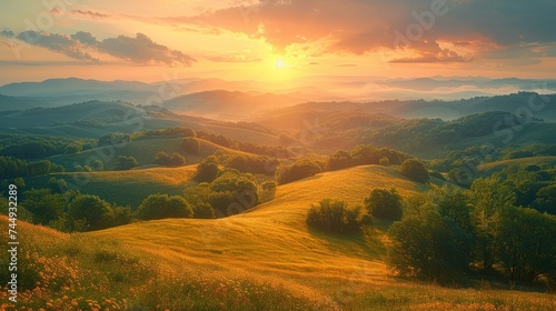 mountainous countryside at sunset. landscape with grassy rural fields and trees on hills rolling in to the distance in evening light.