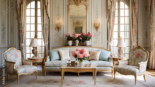 An elegant French provincial sitting room with a floral-patterned sofa set, gilded mirrors, and classic furniture.