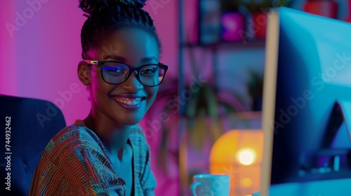 African female IT Programmer working on desktop computer with a bright smile.