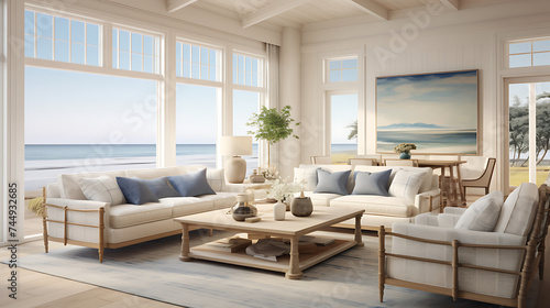 A beach-inspired living room with a casual linen sofa set, adorned with nautical decor and panoramic ocean views through large windows.