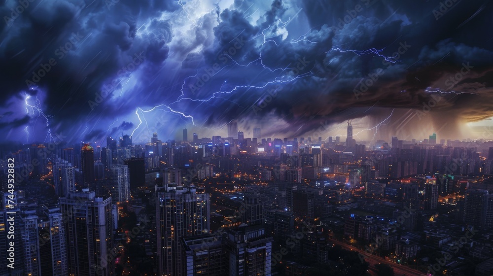 Fototapeta premium lightning thunderstorm hit in the city urban area