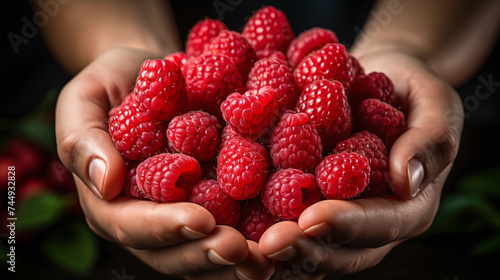 Organic fresh raspberry fruit, Holding fresh organic raspberry in worker's hands, close up raspberry, fruit product