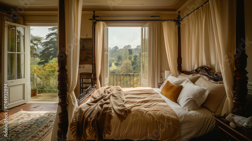 A four-poster bed with silk sheets and velvet curtains in a spacious bedroom with a balcony overlooking a garden