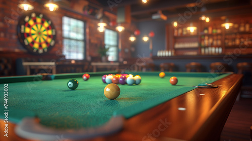 A pool table with green felt and a set of colorful balls in a game room with a dart board and a bar